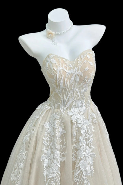Evening Gown Champagne Lace Strapless Custom Graduation Coquette Dress Floral046