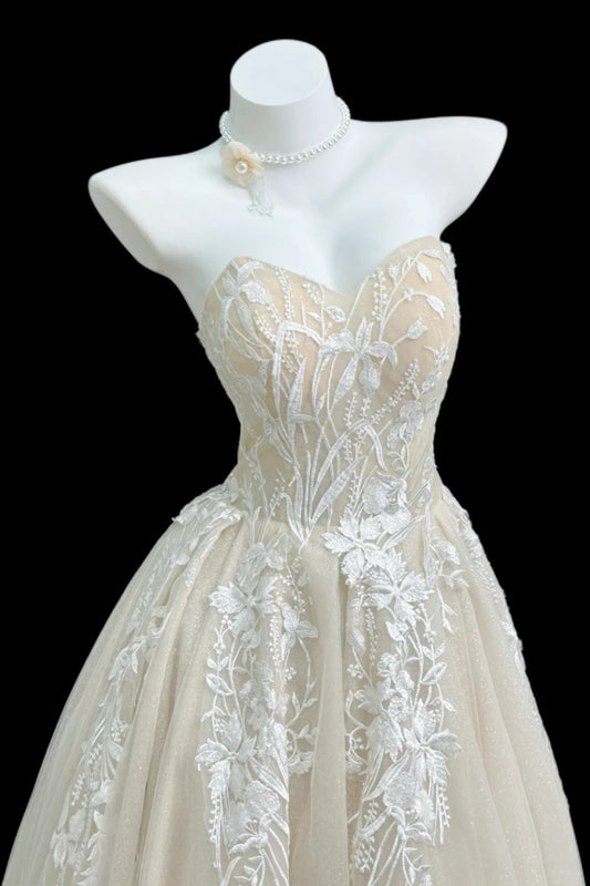 Evening Gown Champagne Lace Strapless Custom Graduation Coquette Dress Floral046