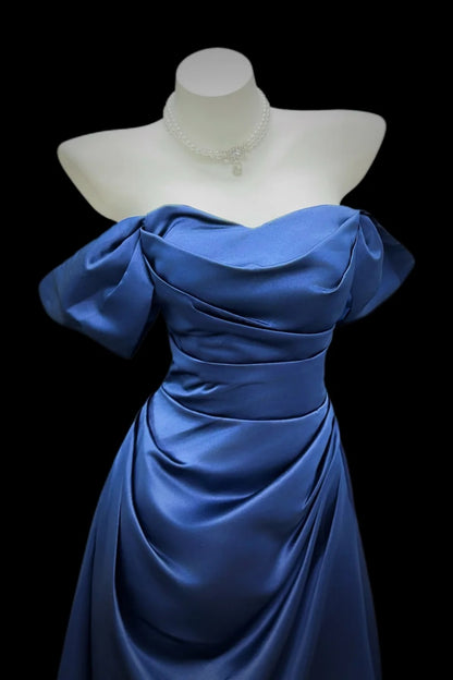Formal Dress Navy Satin Off Shoulder Custom Business Attire Wedding Guest Long Gown Floral050