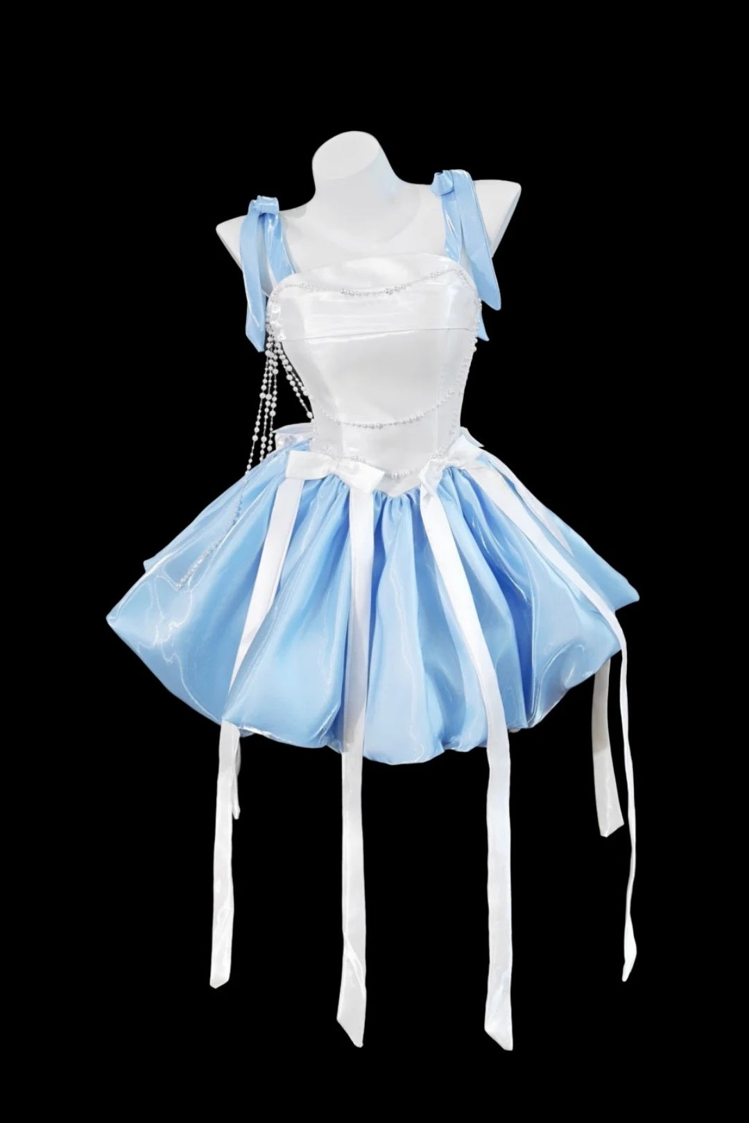 Blue White Bow Pearl Homecoming Dress Strappy Bubble Party Gown  F0094