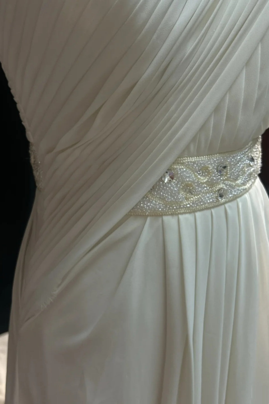 Long Formal Dress Flowy Chiffon Gown With Rhinestone Beaded Sash F0070