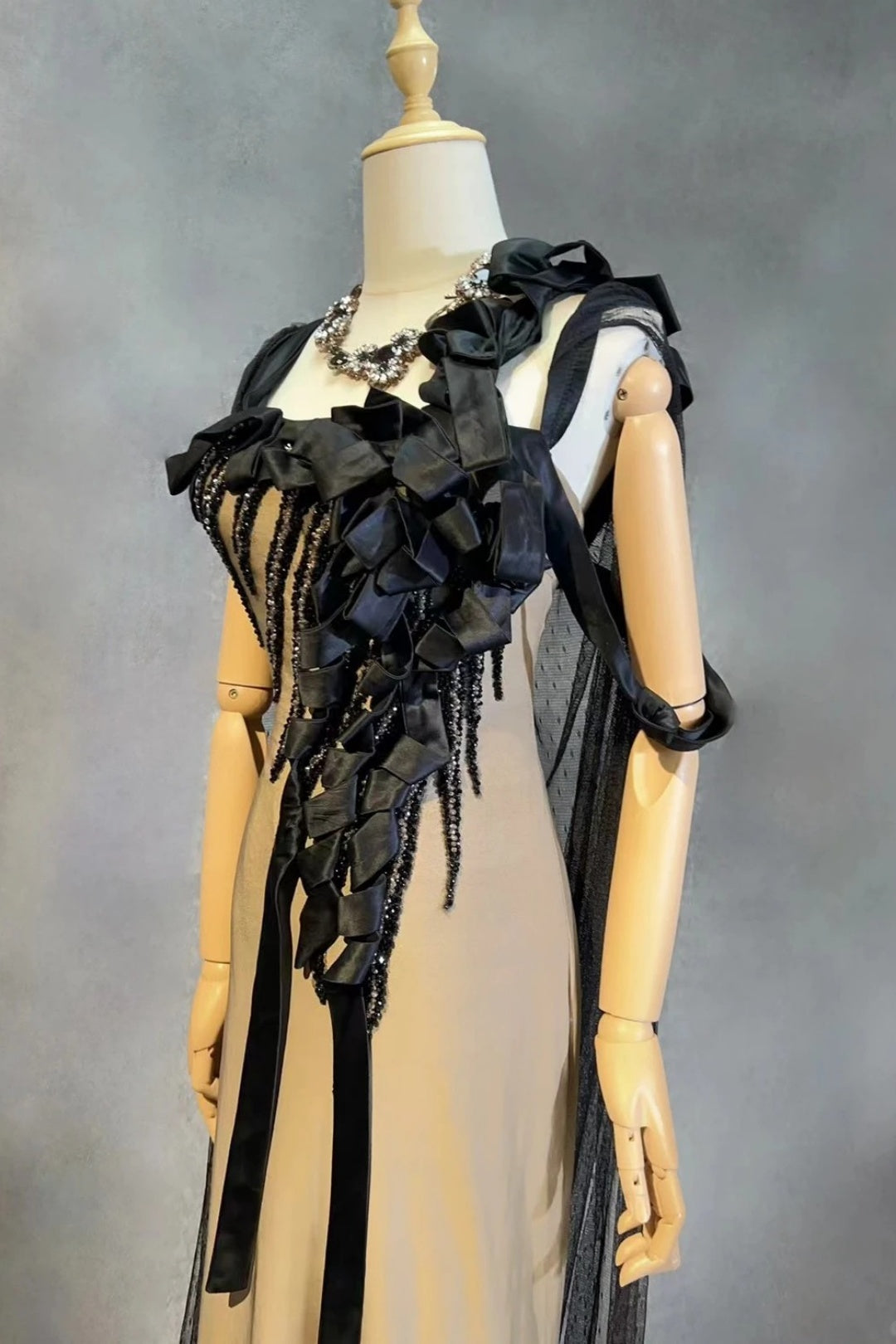 Champagne Mermaid Evening Dress Black Ribbon Beaded Cape Gown F0198