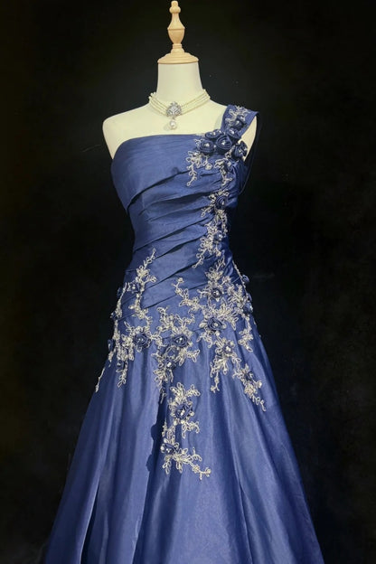 Navy One Shoulder 3D Floral Appliqué A-Line Formal Evening Dress F0196