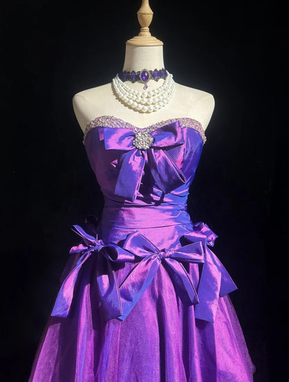 Strapless Purple Bow Short Homecoming Dress Beaded Sweetheart Party Gown F0134