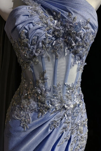 One‑Shoulder Corset Mermaid Gown With Appliqué Tulle Cape F0083