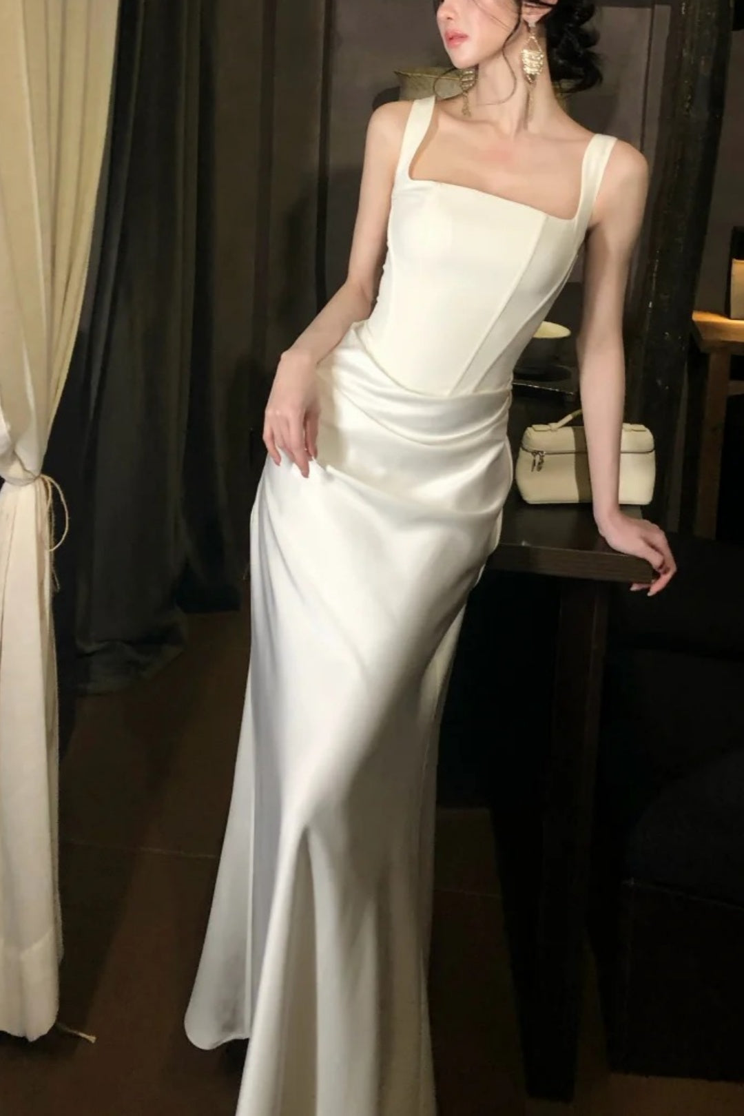 Square Neck Satin Mermaid Wedding Dress Lace‑Up Back Bridal Evening Gown F0109
