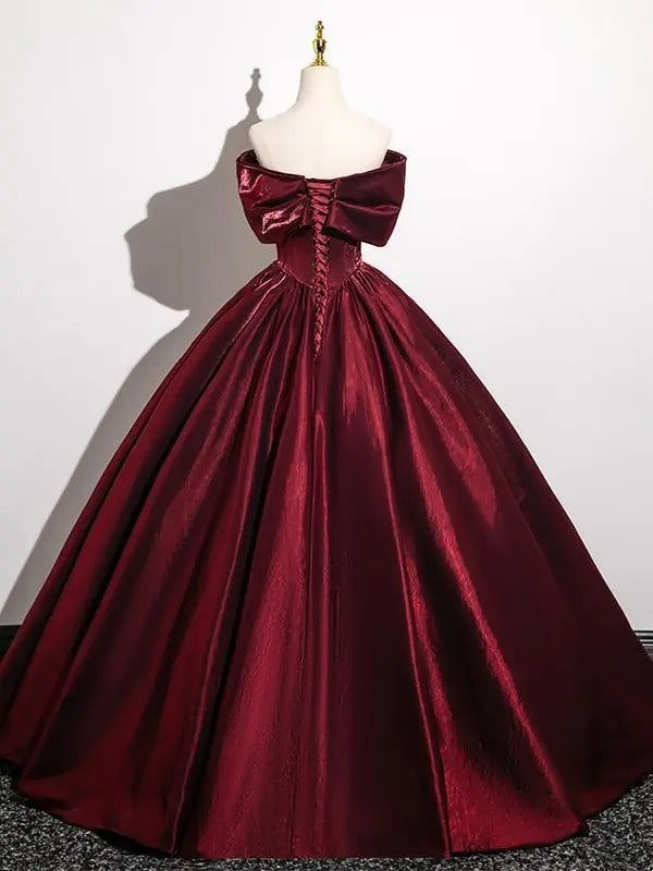 Quinceanera Dress Wine Red Satin Off‑Shoulder Ballgown Lace‑Up Back F0063