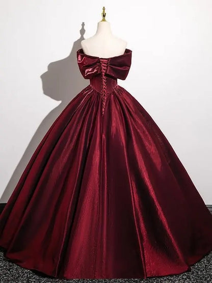 Quinceanera Dress Wine Red Satin Off‑Shoulder Ballgown Lace‑Up Back F0063