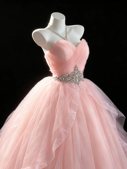 Sweetheart Strapless Pink Tulle Ball Gown Rhinestone Sash Prom Formal Dress F0115