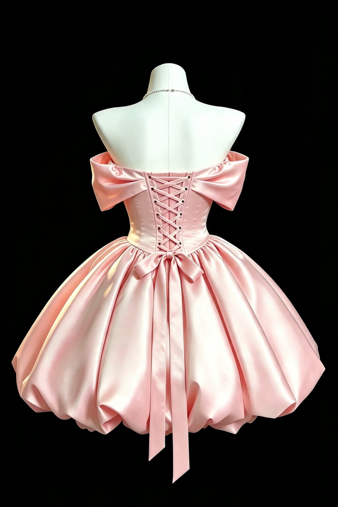 Pink Off‑Shoulder Big Bow Bubble Short Homecoming Dress Lace‑Up Back Party Gown F0033