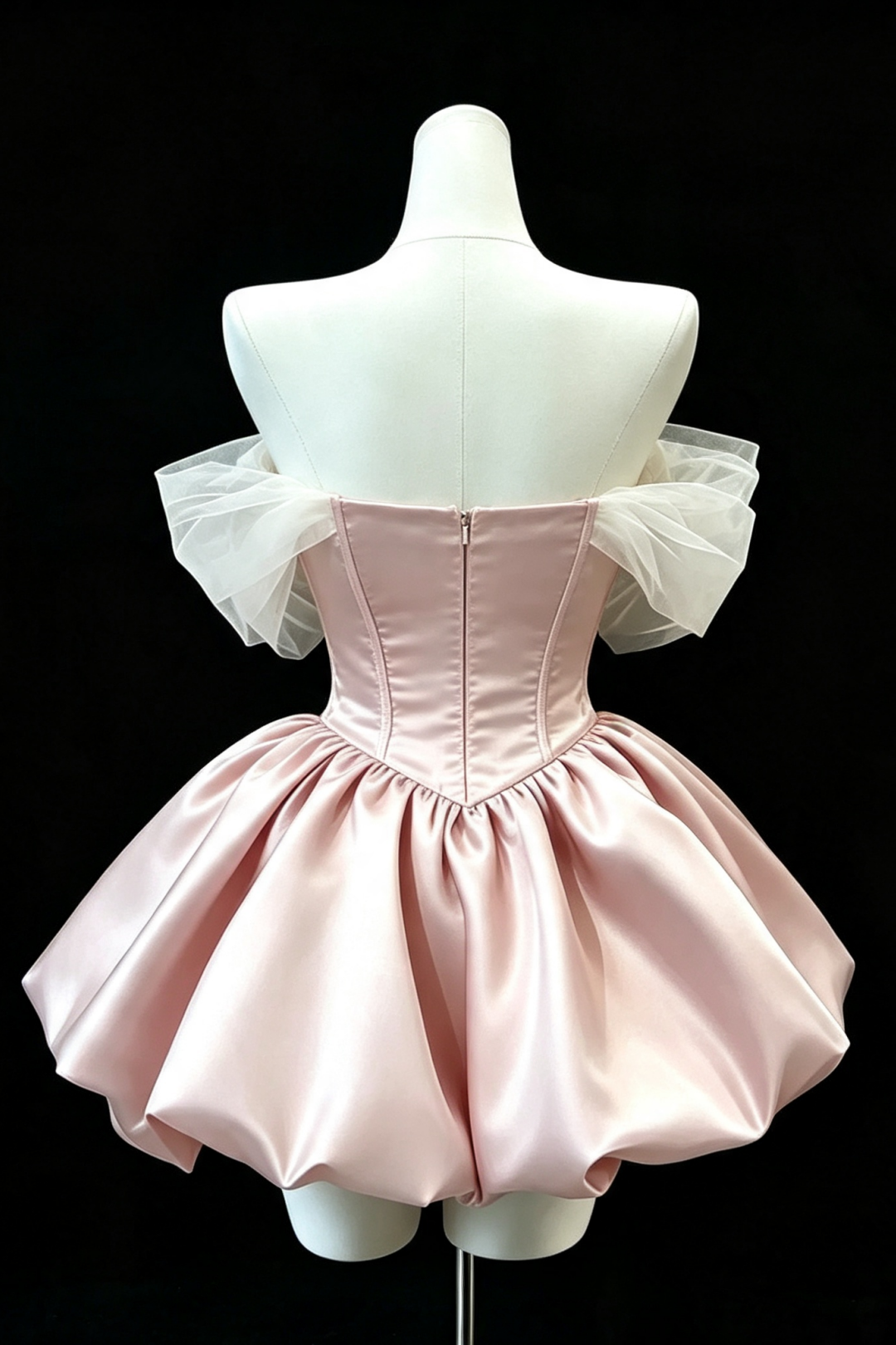 Pink Off‑the‑Shoulder Satin Short Gown, Bow Crystal Sweet 16 Dress F009