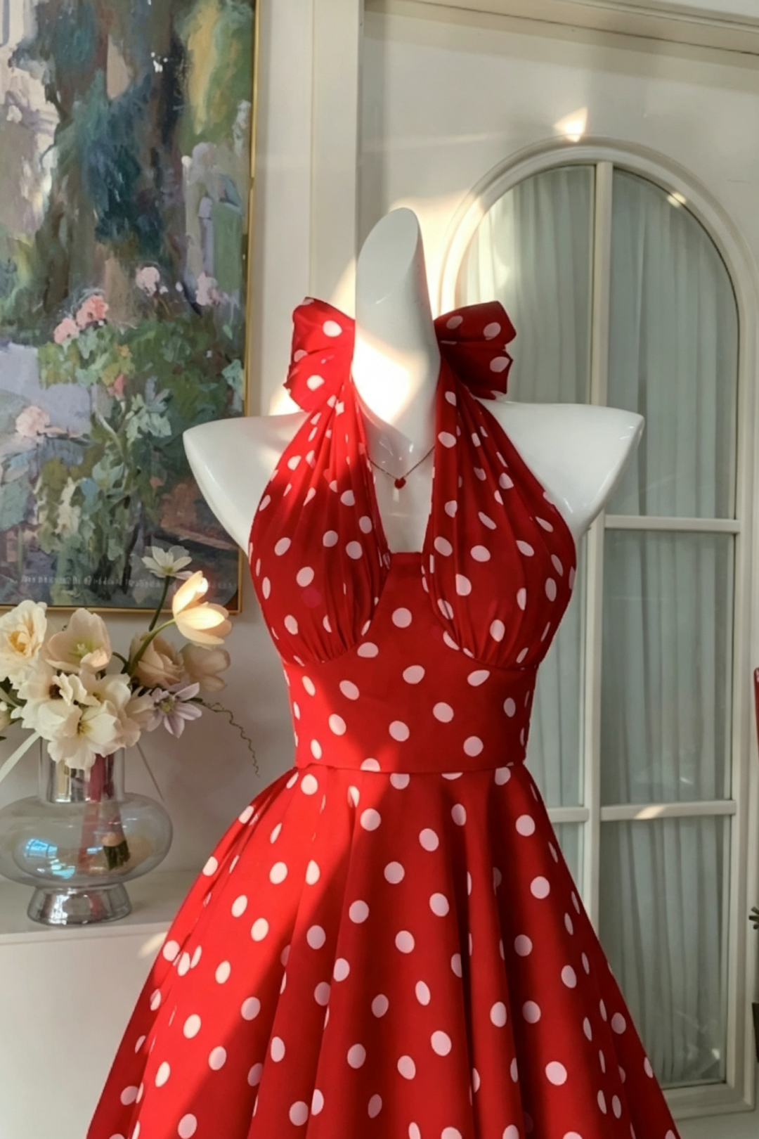 Summer Dress Red Polka Dot Halter Short Dress With Back Bow For Vacation F0036