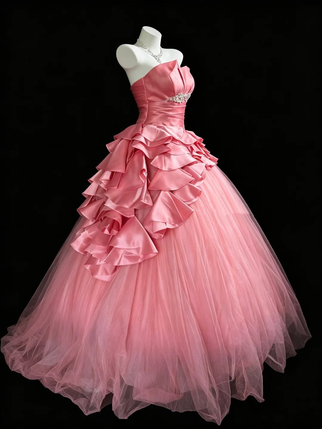 Pink Strapless Tulle Ball Gown Ruffle Fall Formal Dress F0102