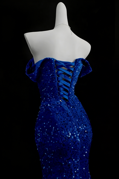 Elegant Glitter Blue Mermaid Prom Dress, Off-the-shoulder Formal Party Gown Floral-05