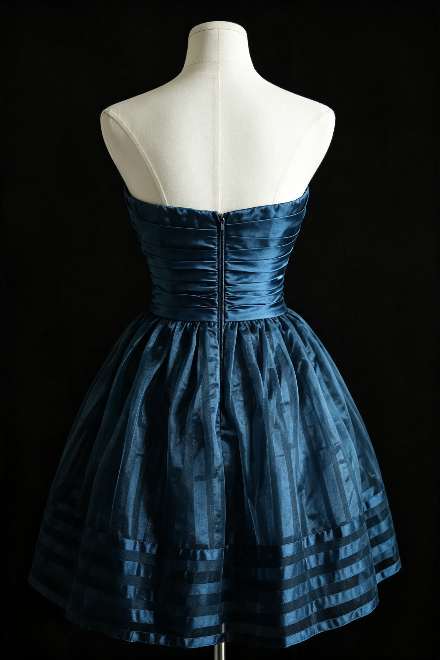 Navy Blue Satin Strapless Homecoming Dress Pleated Short Cocktail Party Gown F0017