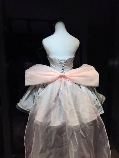 Silver Strapless Glitter Mini Dress Beaded Skirt Pink Bow Homecoming Dress F0256