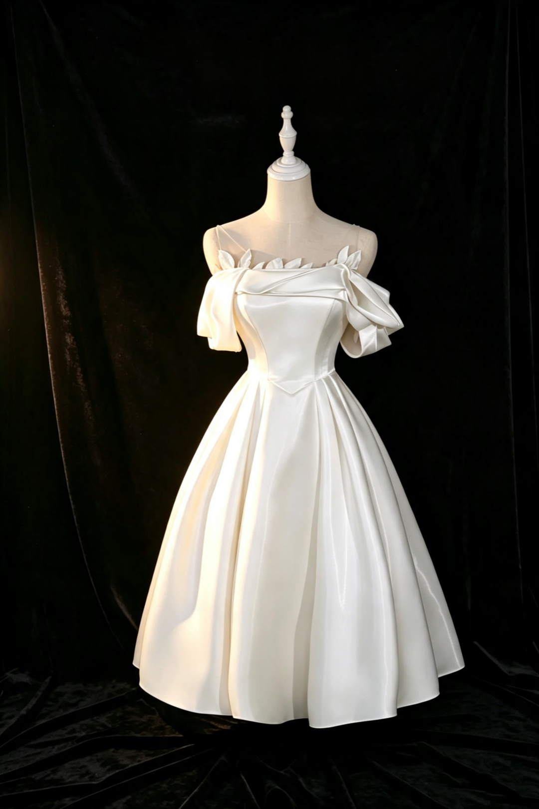 White Satin Off‑The‑Shoulder Midi Gown 3D Leaf Detail Elopement Wedding Party Dress F0013