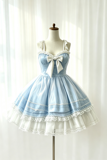 Tea Party Gown Light Blue Ruffled Neck Bow Detail Short Tulle Lolita Dress F0067
