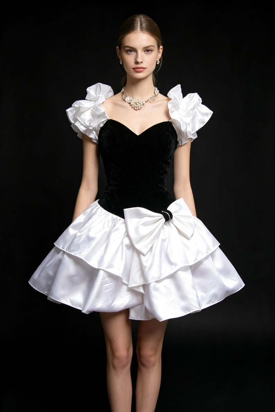 Black Velvet White Satin Homecoming Mini Dress Ruffle Puff Sleeve With Big Bow Cocktail Gown F0014
