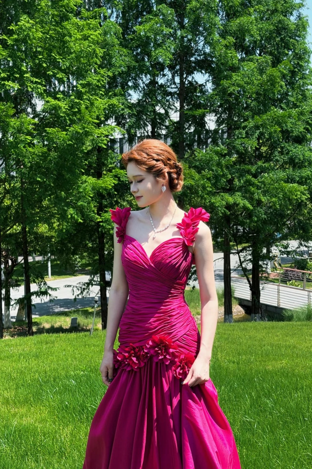 Fuchsia Satin Long Prom Dress 3D Floral Spaghetti Strap Ruched Formal Evening Gown F0030