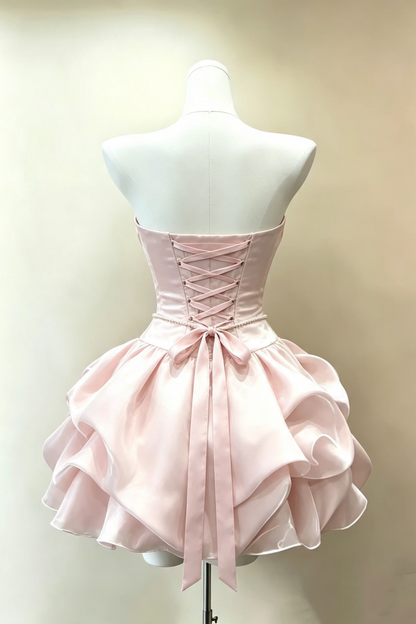 Strapless Pearl Sash Ruffle Short Homecoming Dress Lace‑Up Back Party Gown F0034