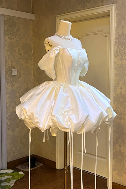 White Satin Corset Homecoming Dress Detachable Off‑Shoulder Bubble Gown F0099