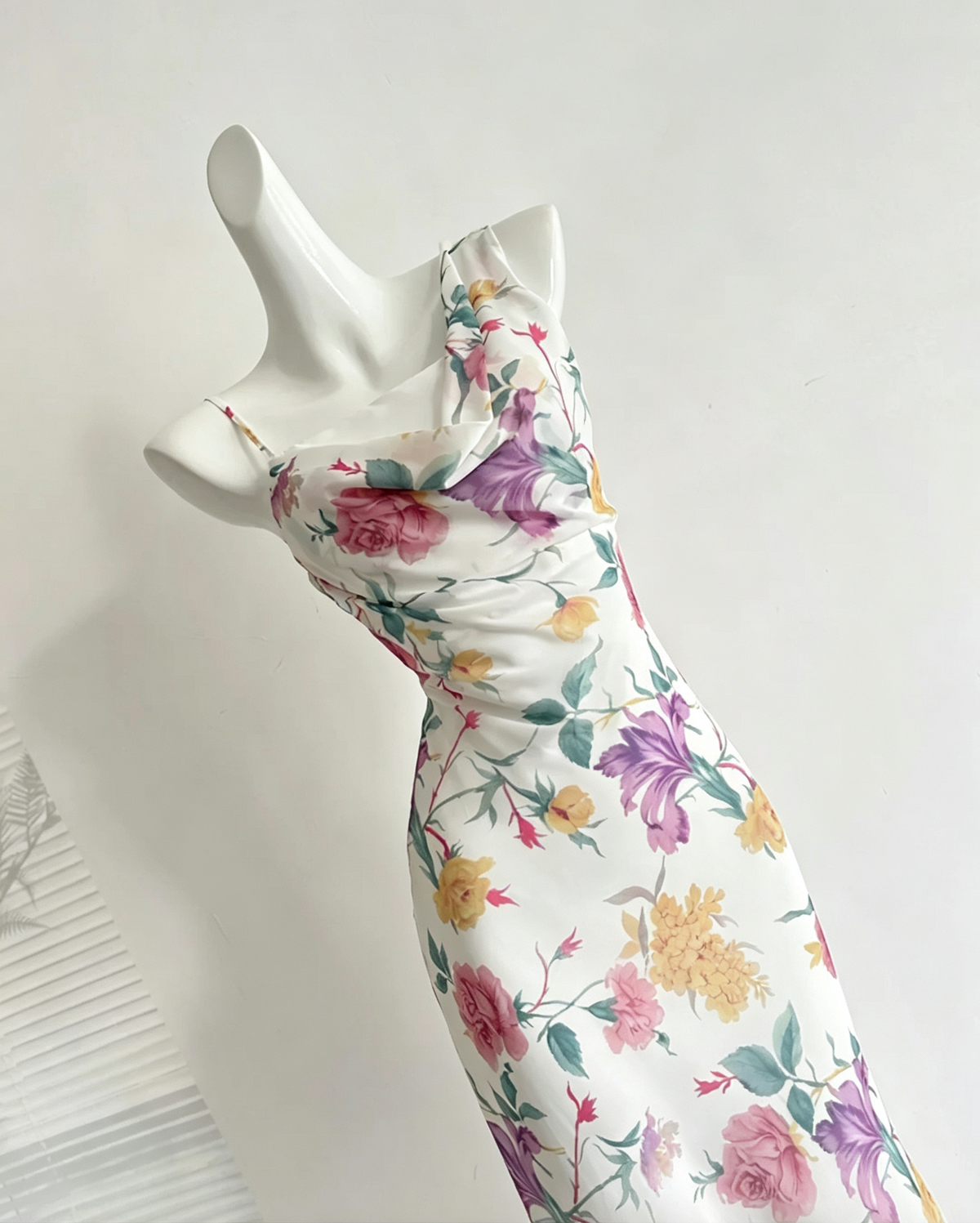 Watercolor Floral Cowl Neck Midi Dress One Spaghetti Strap Formal Gown F0210