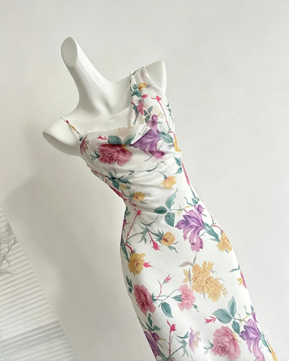 Watercolor Floral Cowl Neck Midi Dress One Spaghetti Strap Formal Gown F0210