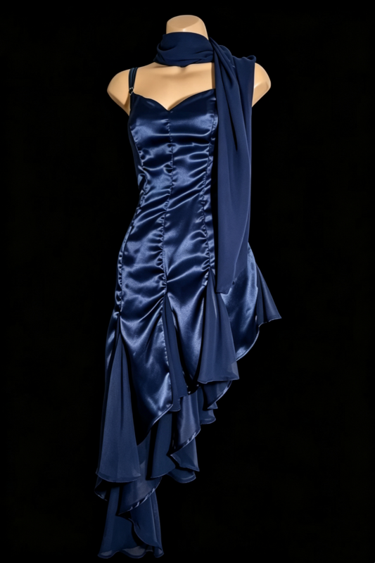 Emerald Green Satin Spaghetti Strap Dress Asymmetrical Chiffon Formal Gown Long & Midi F0025