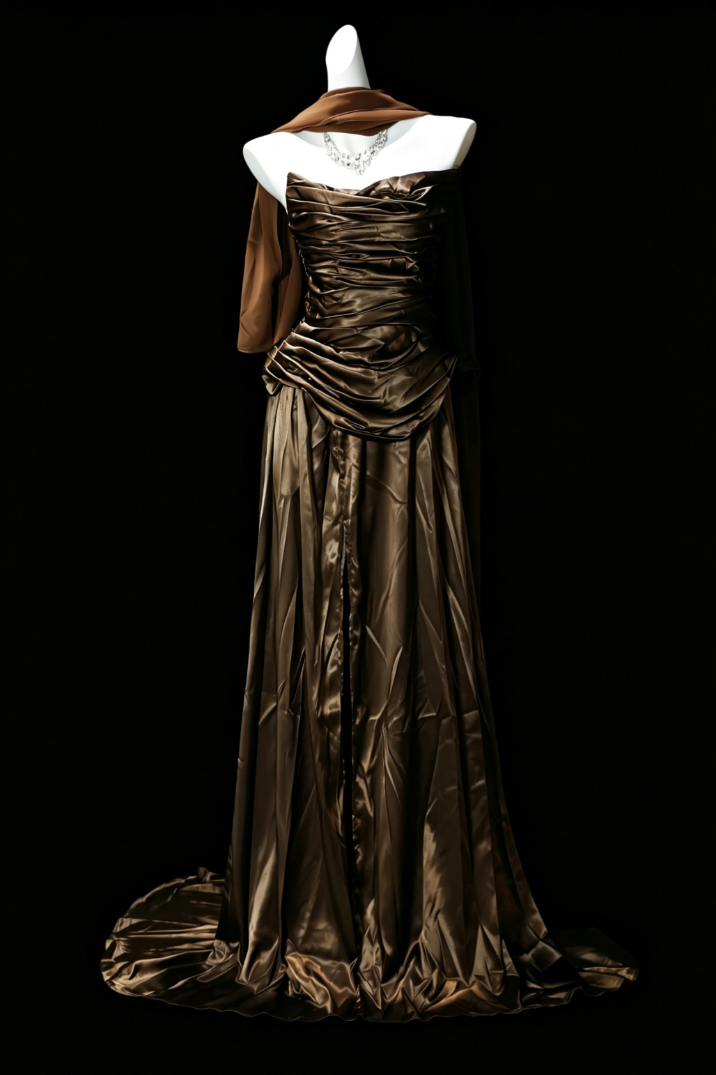 Antique Gold Satin Strapless Evening Dress Ruffled Vintage Gown F0189