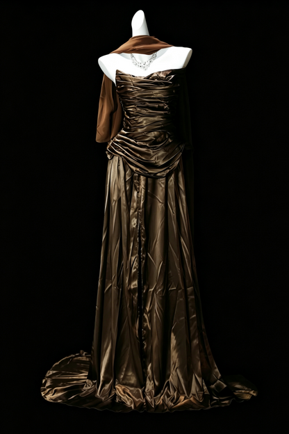 Antique Gold Satin Strapless Evening Dress Ruffled Vintage Gown F0189