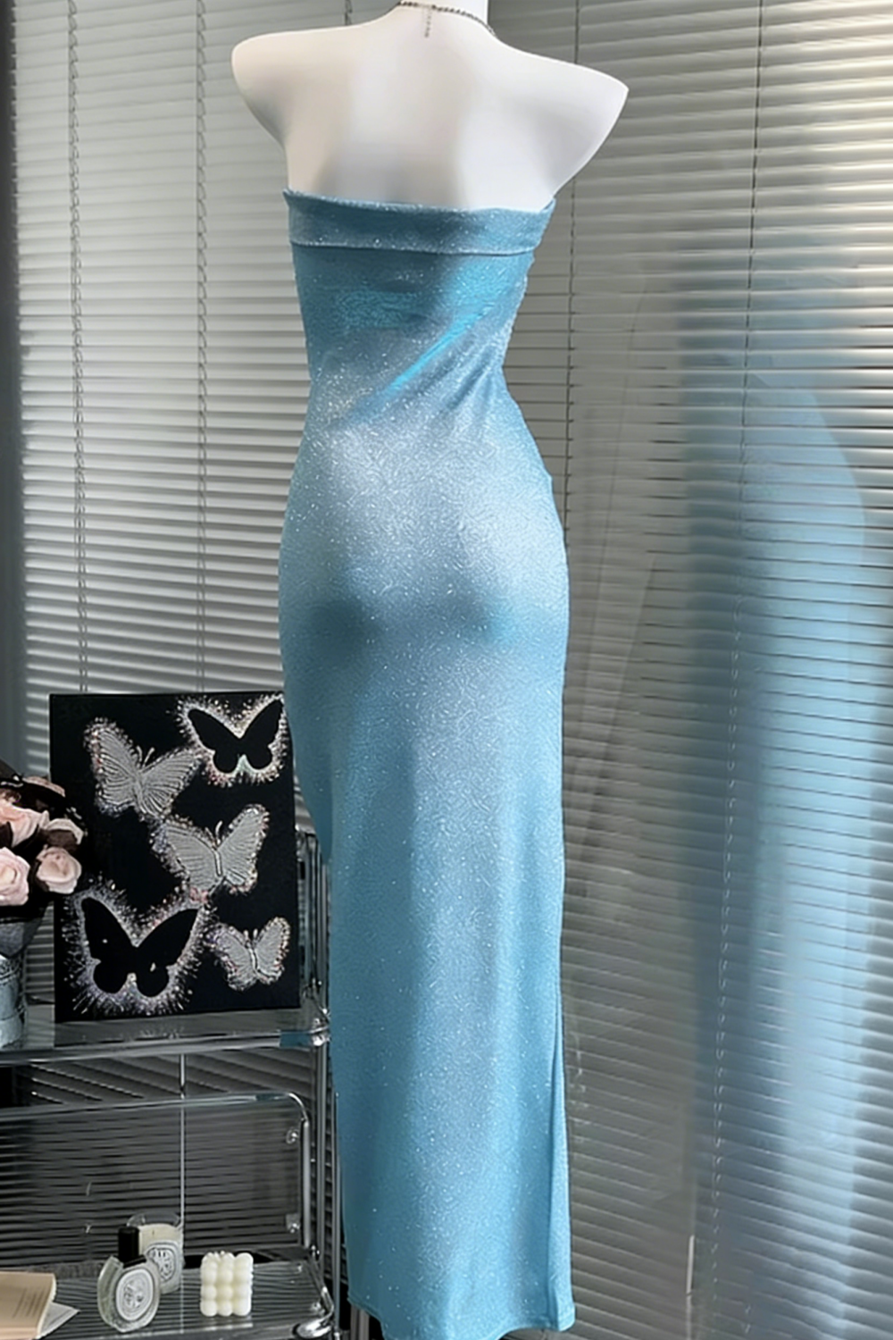 Sexy, Slim-Fit, and Elegant Strapless Dress Shimmering Blue Glitter Evening Gown Party Attire FD022