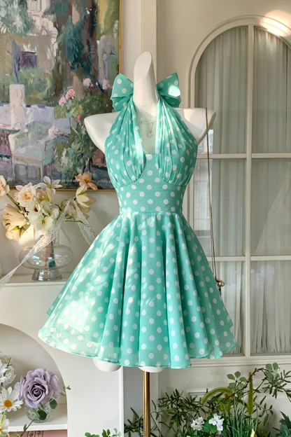 Garden Party Dress Mint Halter Neck Mini Dress With Big Bow F0061