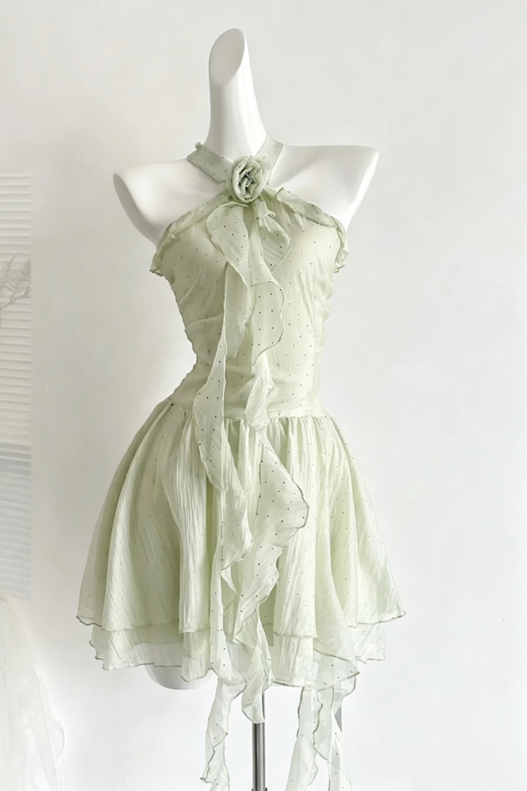 Light Green Halter Floral Rose Ruffle Mini Dress Sparkly Party Gown F0211