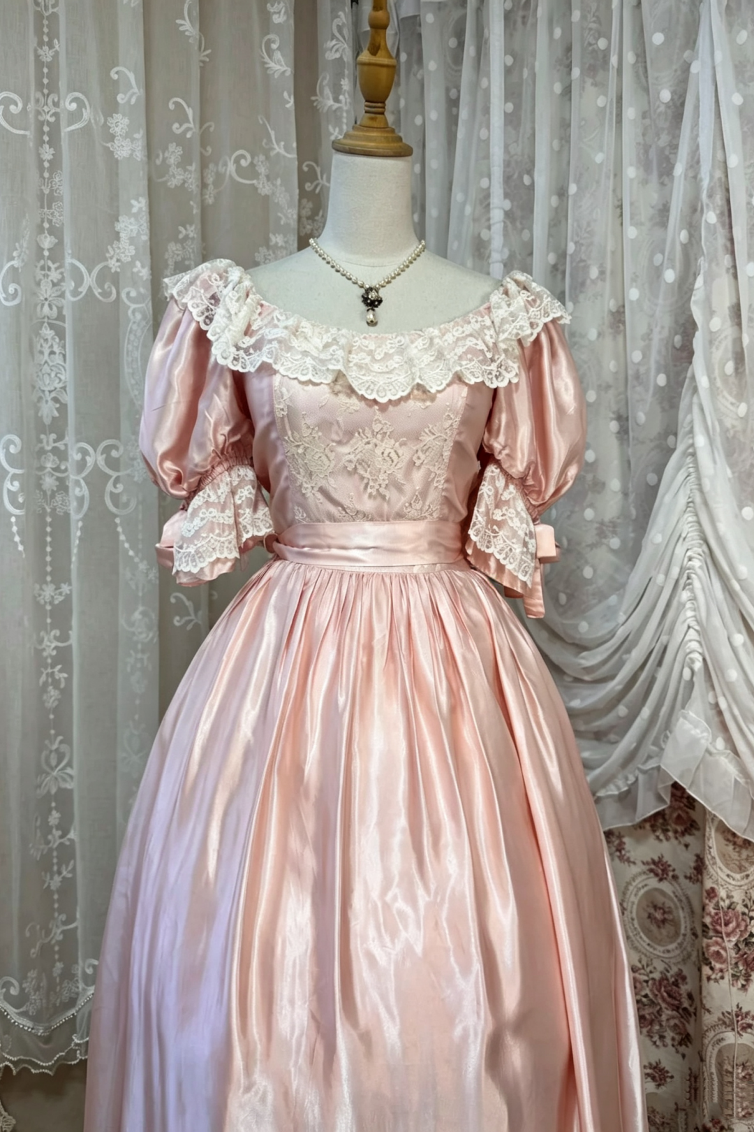 Pink Vintage Ballgown Off Shoulder Puff Sleeve Lace Formal Dress F0267