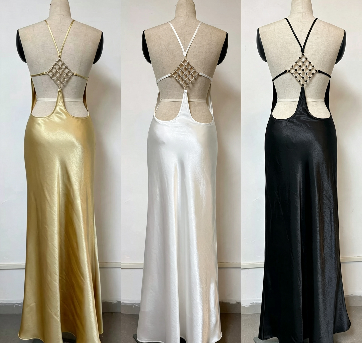 Women Luxury Satin Mermaid Evening Gown Rhinestone Grid Strap Open Back Floor Length Long Dress For Dinner Banquet Gala F064