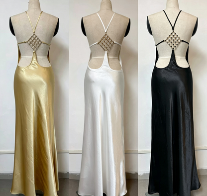 Women Luxury Satin Mermaid Evening Gown Rhinestone Grid Strap Open Back Floor Length Long Dress For Dinner Banquet Gala F064