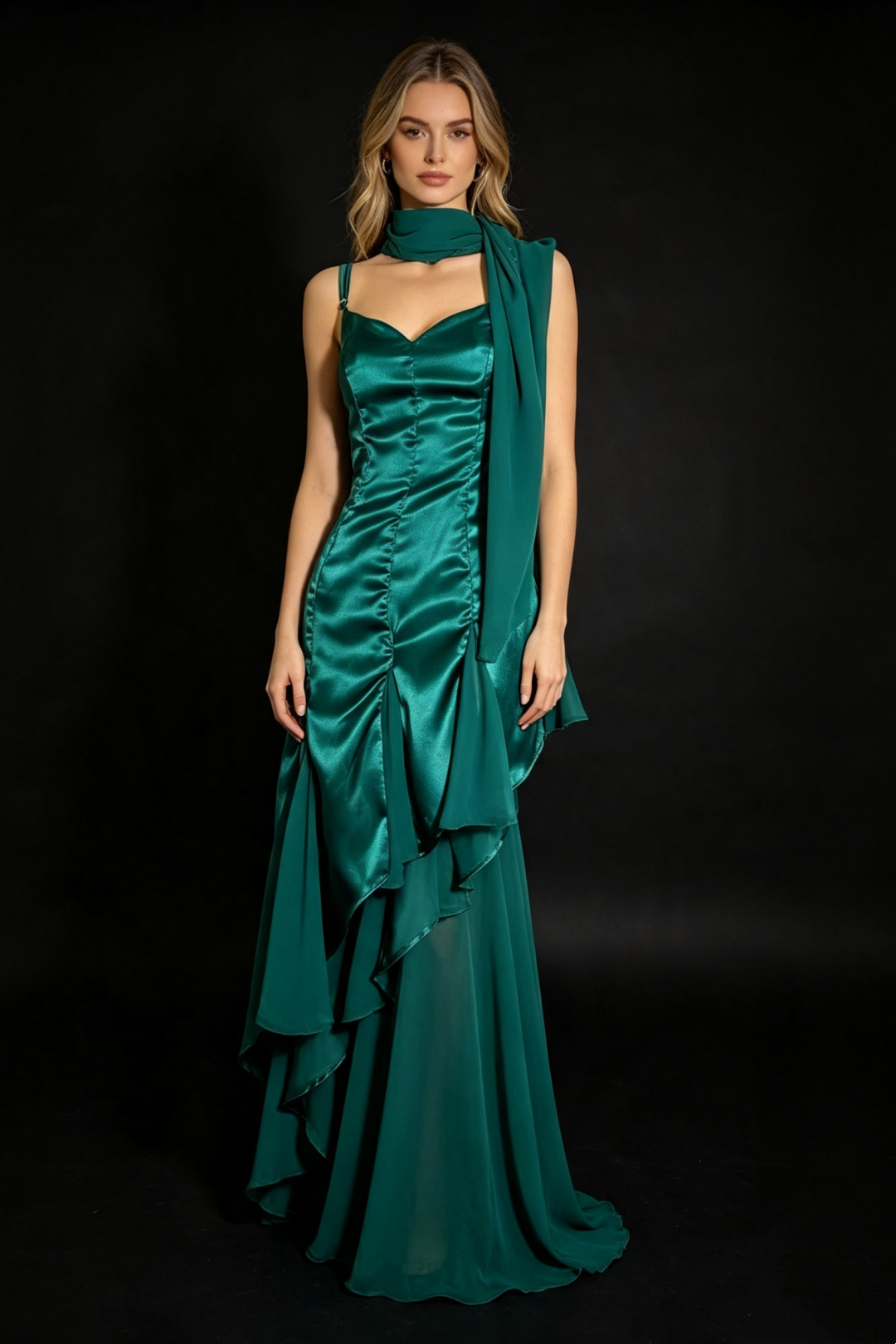 Emerald Green Satin Spaghetti Strap Dress Asymmetrical Chiffon Formal Gown Long & Midi F0025