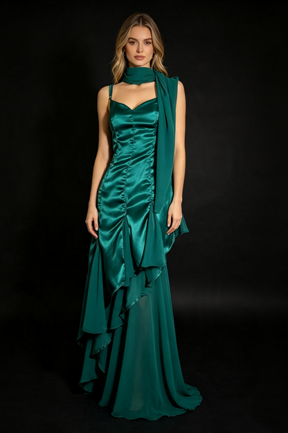 Emerald Green Satin Spaghetti Strap Dress Asymmetrical Chiffon Formal Gown Long & Midi F0025