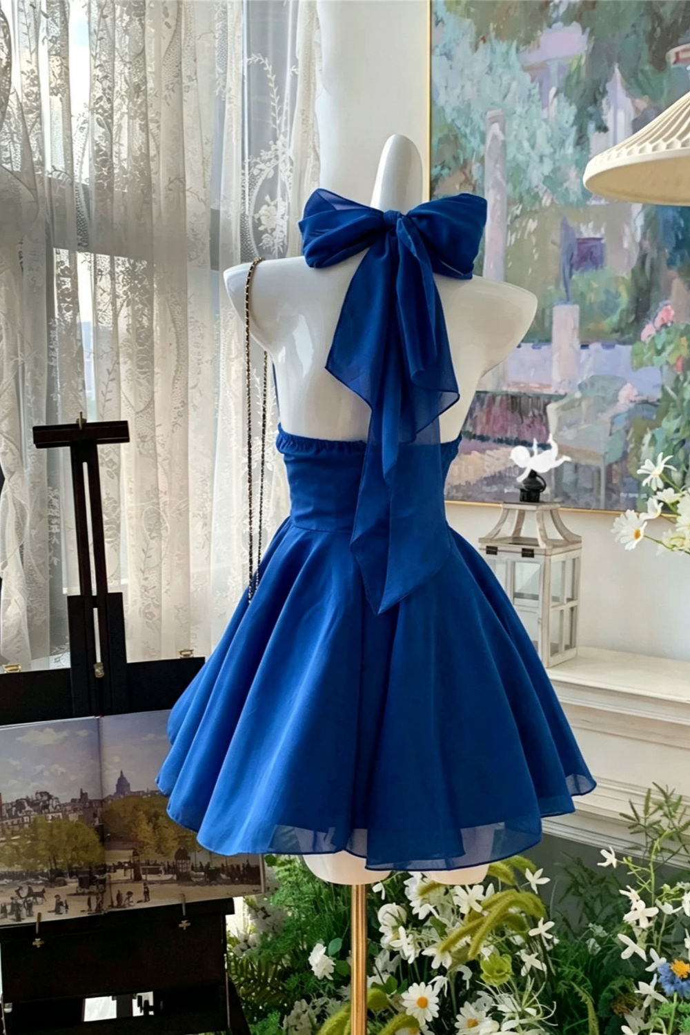 Halter Bow Chiffon Mini Dress, Homecoming Party A-Line Gown F055