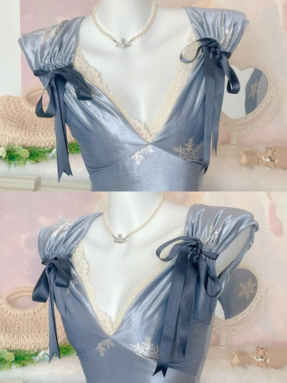 Misty Silver Blue Snowflake V-Neck Vintage Ruffle Dress F0273