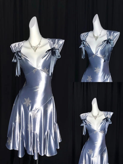 Misty Silver Blue Snowflake V-Neck Vintage Ruffle Dress F0273