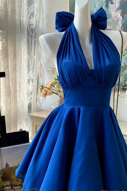 Halter Bow Chiffon Mini Dress, Homecoming Party A-Line Gown F055