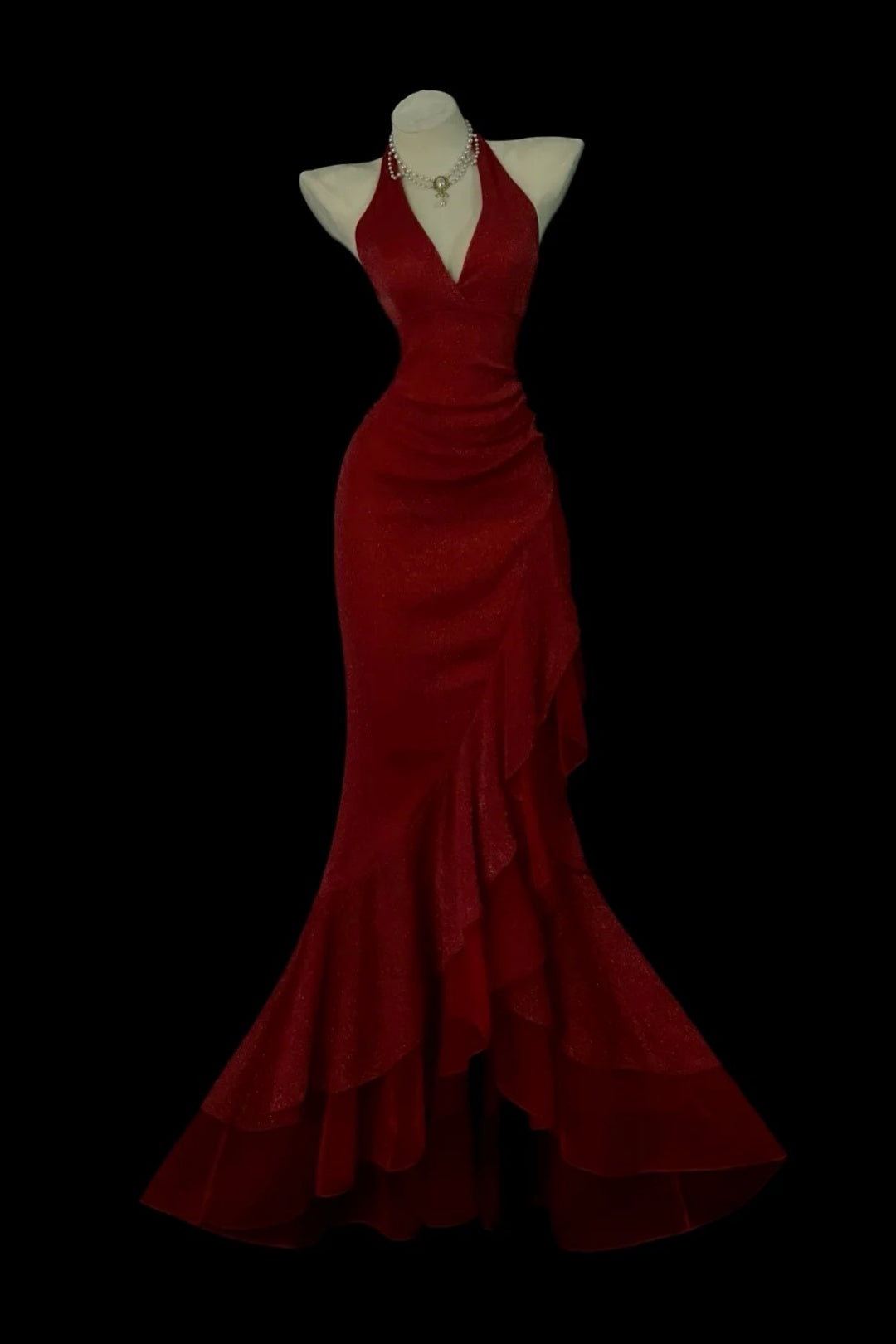 Halter V‑Neck Glitter Mermaid Gown With Ruffled Hem F0082