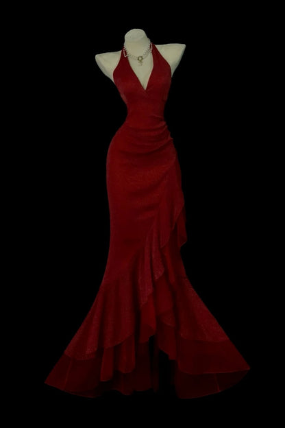 Halter V‑Neck Glitter Mermaid Gown With Ruffled Hem F0082