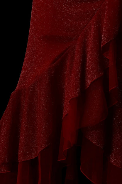 Halter V‑Neck Glitter Mermaid Gown With Ruffled Hem F0082
