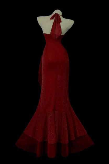 Halter V‑Neck Glitter Mermaid Gown With Ruffled Hem F0082