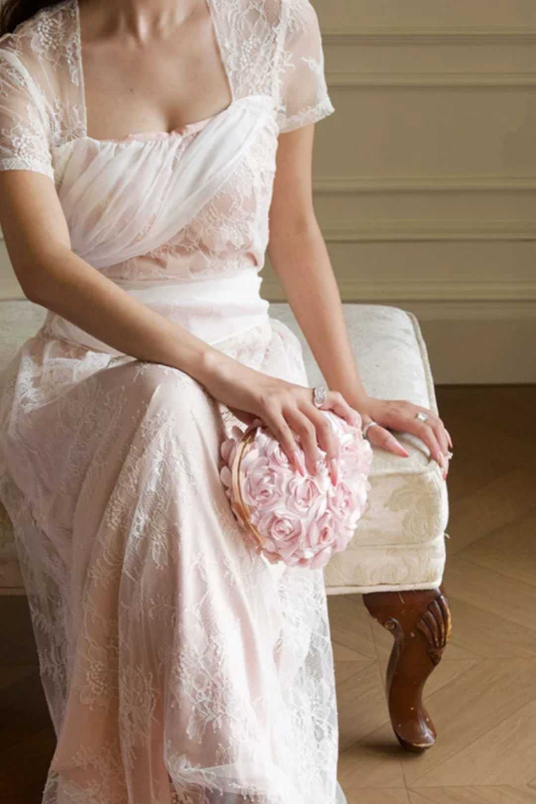 3D Rose Flower Heart Evening Clutch, Satin Floral Handbag with Chain B005