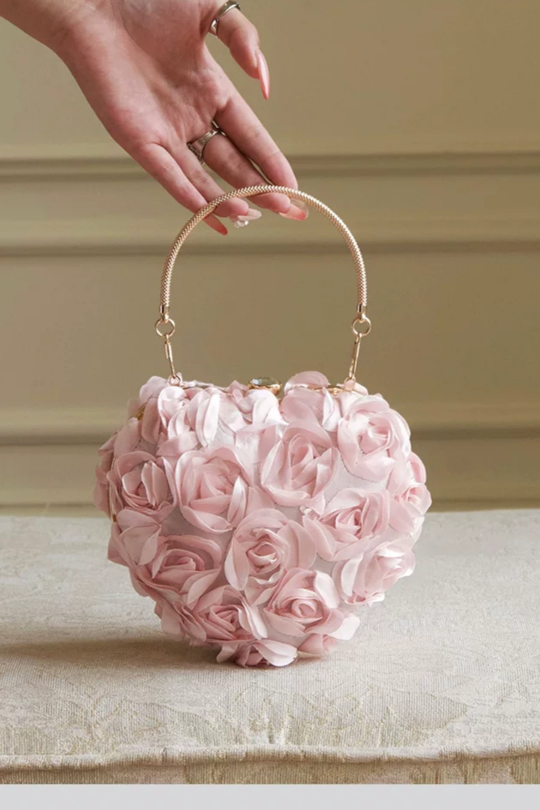 3D Rose Flower Heart Evening Clutch, Satin Floral Handbag with Chain B005