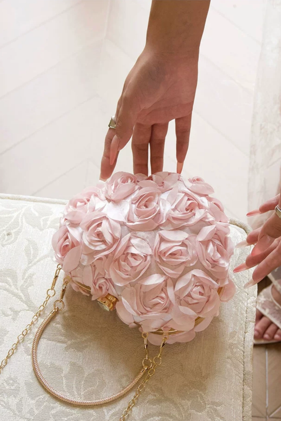 3D Rose Flower Heart Evening Clutch, Satin Floral Handbag with Chain B005
